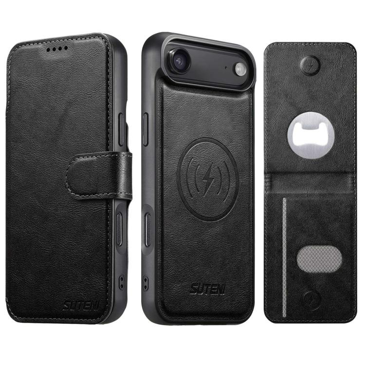 Suteni Q05S5 Custodia per telefono 3 in 1 con apribottiglie staccabile, porta carte magnetico in pelle bovina vegana, For iPhone 17 Pro Max, For iPhone 17 Pro, For iPhone 17, For iPhone Air, For iPhone 16 Pro Max, For iPhone 16 Pro, For iPhone 16 Plus ...