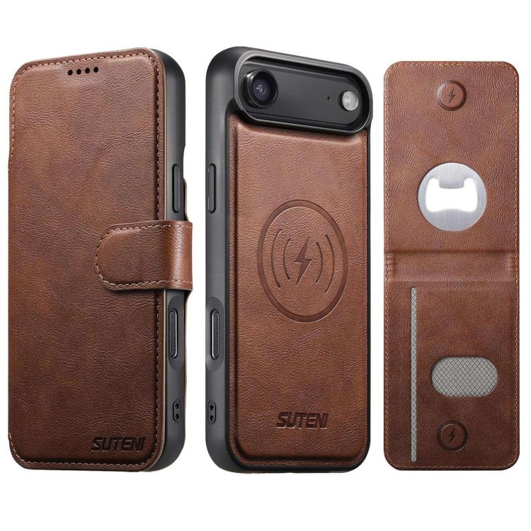 Suteni Q05S5 Custodia per telefono 3 in 1 con apribottiglie staccabile, porta carte magnetico in pelle bovina vegana, For iPhone 17 Pro Max, For iPhone 17 Pro, For iPhone 17, For iPhone Air, For iPhone 16 Pro Max, For iPhone 16 Pro, For iPhone 16 Plus ...