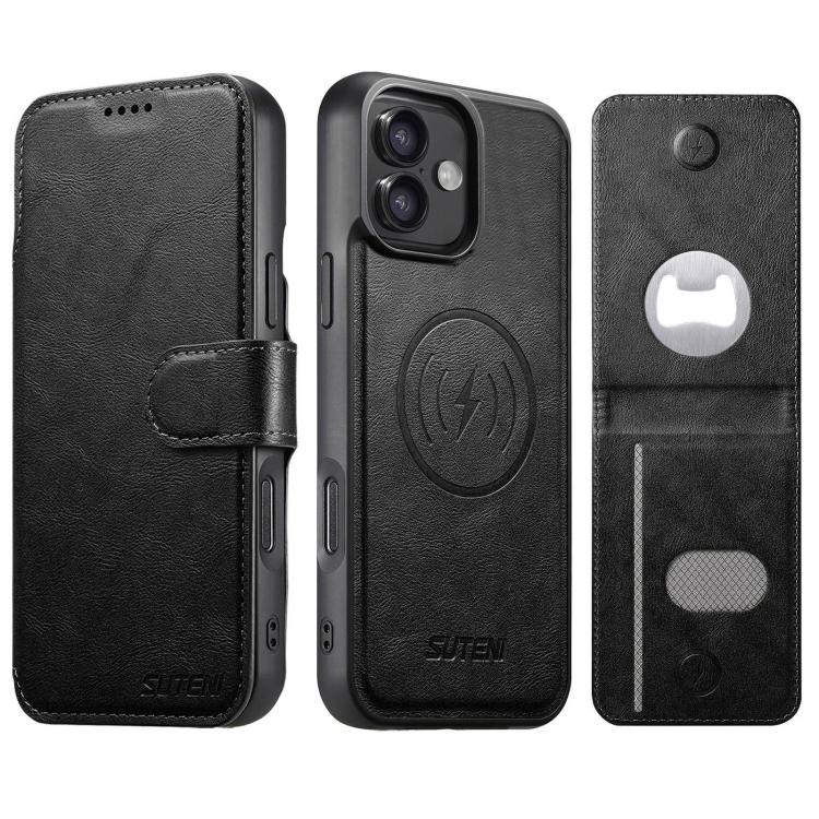 Suteni Q05S5 Custodia per telefono 3 in 1 con apribottiglie staccabile, porta carte magnetico in pelle bovina vegana, For iPhone 17 Pro Max, For iPhone 17 Pro, For iPhone 17, For iPhone Air, For iPhone 16 Pro Max, For iPhone 16 Pro, For iPhone 16 Plus ...