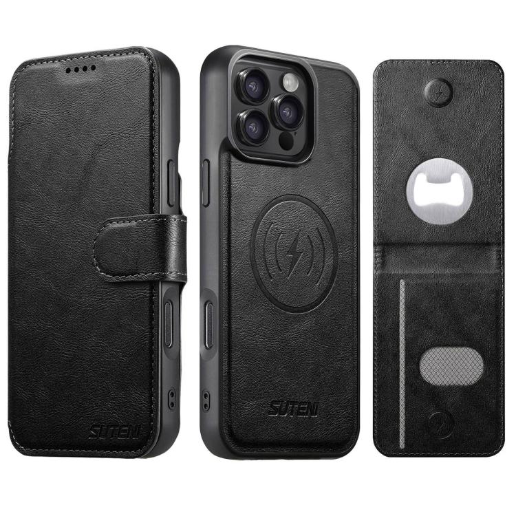 Suteni Q05S5 Custodia per telefono 3 in 1 con apribottiglie staccabile, porta carte magnetico in pelle bovina vegana, For iPhone 15 Pro Max, For iPhone 15 Pro, For iPhone 15 Plus, For iPhone 15, For iPhone 14 Plus, For iPhone 14, For iPhone 14 Pro     ...