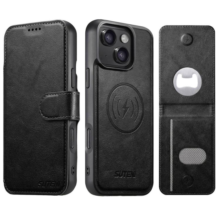 Suteni Q05S5 Custodia per telefono 3 in 1 con apribottiglie staccabile, porta carte magnetico in pelle bovina vegana, For iPhone 15 Pro Max, For iPhone 15 Pro, For iPhone 15 Plus, For iPhone 15, For iPhone 14 Plus, For iPhone 14, For iPhone 14 Pro     ...