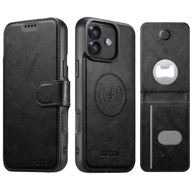 Suteni Q05S5 Custodia per telefono 3 in 1 con apribottiglie staccabile, porta carte magnetico in pelle bovina vegana, For iPhone 13 Pro Max, For iPhone 13 Pro, For iPhone 13, For iPhone 12, For iPhone 12 Pro Max, For iPhone 12 Pro