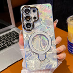 Pellicola per lenti con effetto glitter elettrolitico, supporto magnetico in metallo con perno, custodia per telefono antiurto, For Samsung Galaxy S24 Ultra 5G