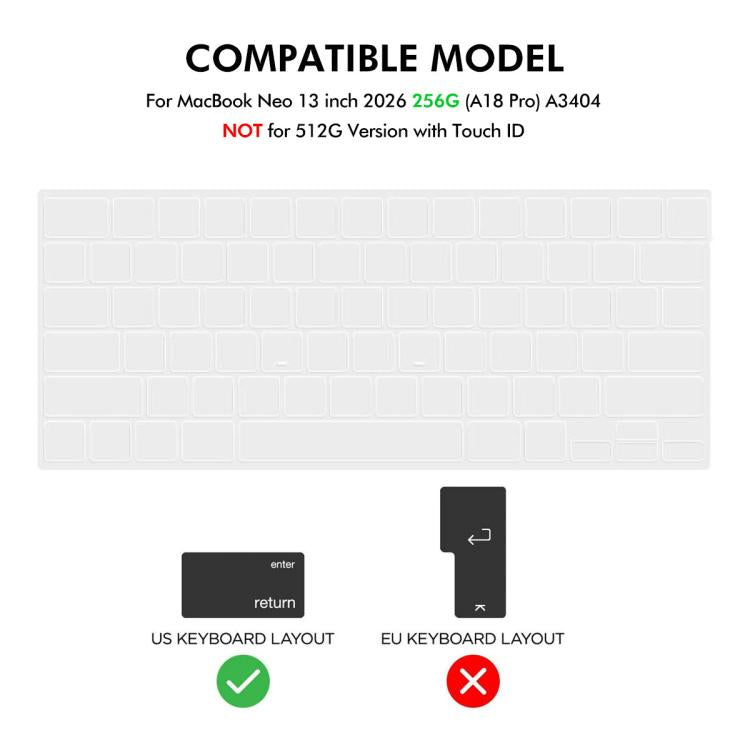 ENKAY US Versione 3 in 1 Custodia protettiva in cristallo con pellicola in TPU per tastiera e protezione schermo in PET, For MacBook Neo 13 inch 2026 (A3404) 256G, For MacBook Neo 13 inch 2026 (A3404) 512G