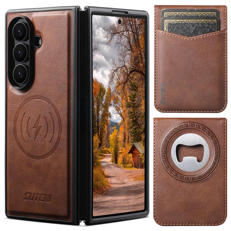 Custodia per telefono Suteni G5S5 2 in 1 con apribottiglie magnetico rimovibile, porta carte e retro in pelle bovina., For Samsung Galaxy Z Fold7 5G, For Samsung Galaxy Z Fold6