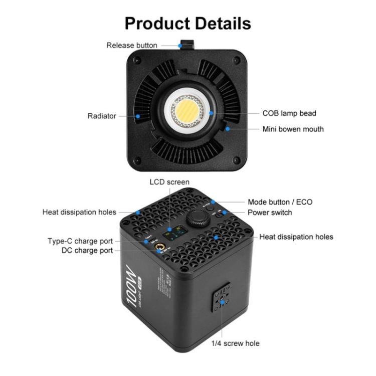 VLOGLITE P100RGB 2700K-6500K Illuminazione da studio ricaricabile wireless per fotografia 100W Lampada COB, P100RGB