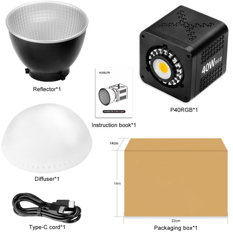 VLOGLITE P40RGB Luce video COB RGB da 40W per fotografia e studio, con 20 modalità effetti., P40RGB