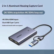 Scheda di acquisizione video UGREEN CM726-25773 con uscita loop 4K HD, USB A/USB C 2 in 1, 2K/30Hz