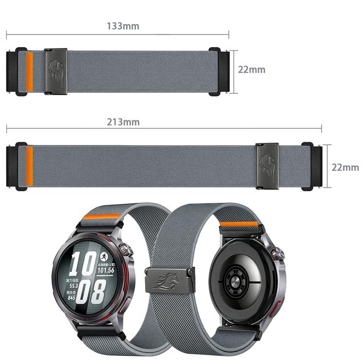 Cinturino per orologio in nylon elasticizzato grigio titanio con fibbia Fly Horse e motivo a mosca., 22mm