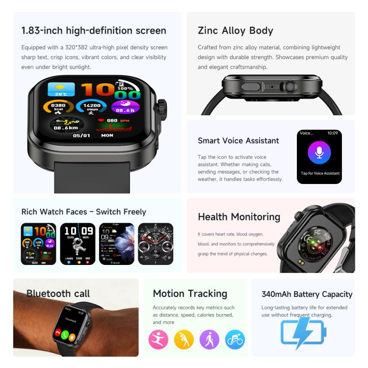 Smartwatch G47 con schermo a colori HD da 1,83 pollici, chiamate Bluetooth, cinturino in acciaio Milan, supporto per il monitoraggio della salute/funzione HRV.