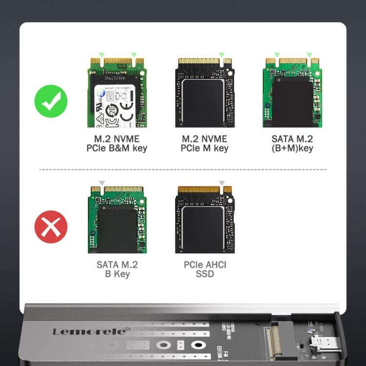 Box esterno Lemorele SD2L Dual-Bay M.2 con adattatore ad alta velocità NVMe SATA 10Gbps e alloggiamento NVMe SATA a doppio alloggiamento da 10 Gbps.