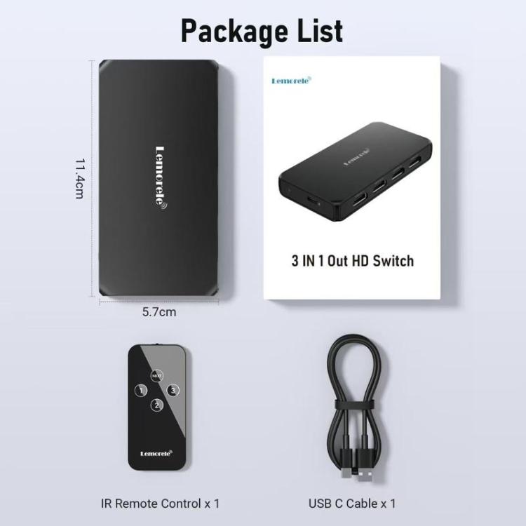 Lemorele G99 3 In 1 Out HDMI Switch 4K 60Hz HDR HDCP2.2 IR Remote Control HDMI Switcher