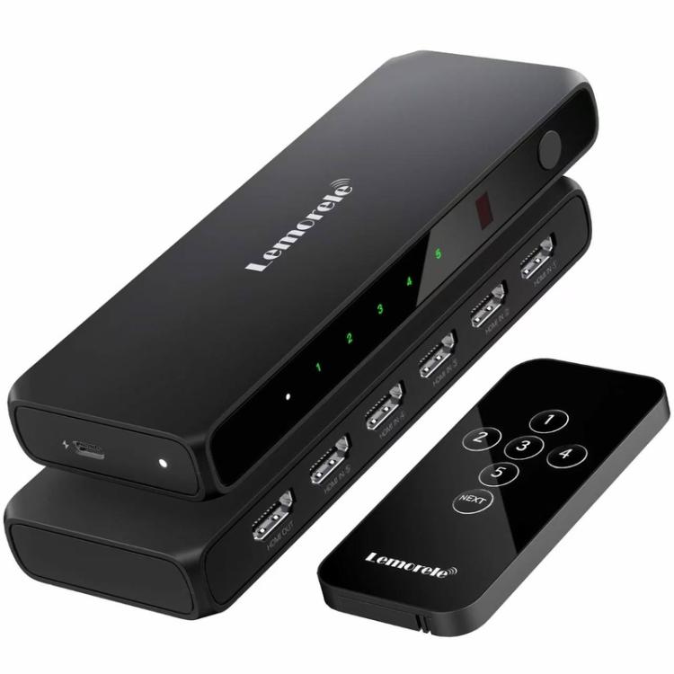 Lemorele G96 5 In 1 Out HDMI Switcher, 4K HD Video Switch with IR Remote For Gaming Consoles & Home Theater