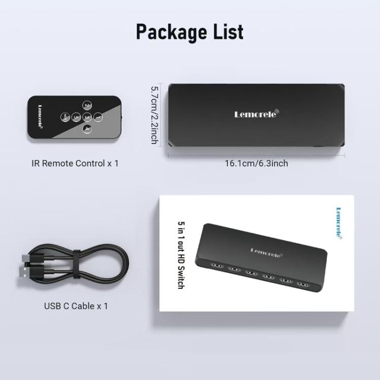 Lemorele G96 5 In 1 Out HDMI Switcher, 4K HD Video Switch with IR Remote For Gaming Consoles & Home Theater
