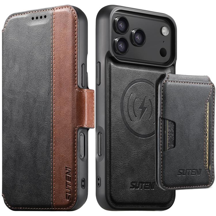 Suteni Q07S3 Portafoglio con apertura a libro con motivo a pelle di vacchetta e custodia magnetica rimovibile per telefono., For iPhone 18, For iPhone 18 Pro, For iPhone 18 Pro Max, For iPhone 17 Pro Max, For iPhone 17 Pro, For iPhone 17, For iPhone Ai...