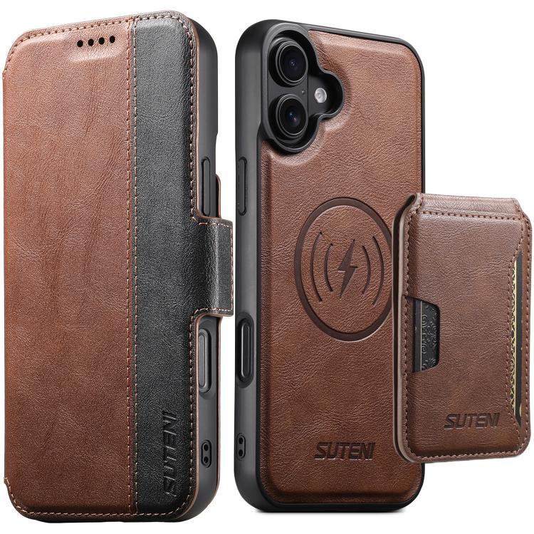 Suteni Q07S3 Portafoglio con apertura a libro con motivo a pelle di vacchetta e custodia magnetica rimovibile per telefono., For iPhone 16 Pro, For iPhone 16 Plus, For iPhone 16, For iPhone 15 Pro Max, For iPhone 15 Pro, For iPhone 15 Plus, For iPhone ...