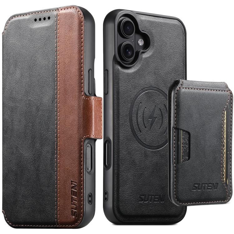 Suteni Q07S3 Portafoglio con apertura a libro con motivo a pelle di vacchetta e custodia magnetica rimovibile per telefono., For iPhone 16 Pro, For iPhone 16 Plus, For iPhone 16, For iPhone 15 Pro Max, For iPhone 15 Pro, For iPhone 15 Plus, For iPhone ...