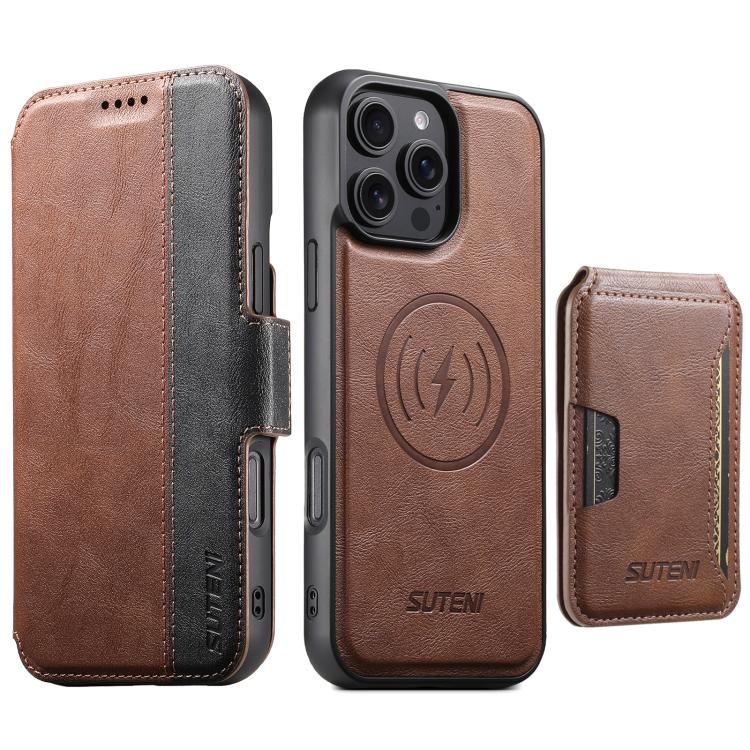 Suteni Q07S3 Portafoglio con apertura a libro con motivo a pelle di vacchetta e custodia magnetica rimovibile per telefono., For iPhone 16 Pro, For iPhone 16 Plus, For iPhone 16, For iPhone 15 Pro Max, For iPhone 15 Pro, For iPhone 15 Plus, For iPhone ...