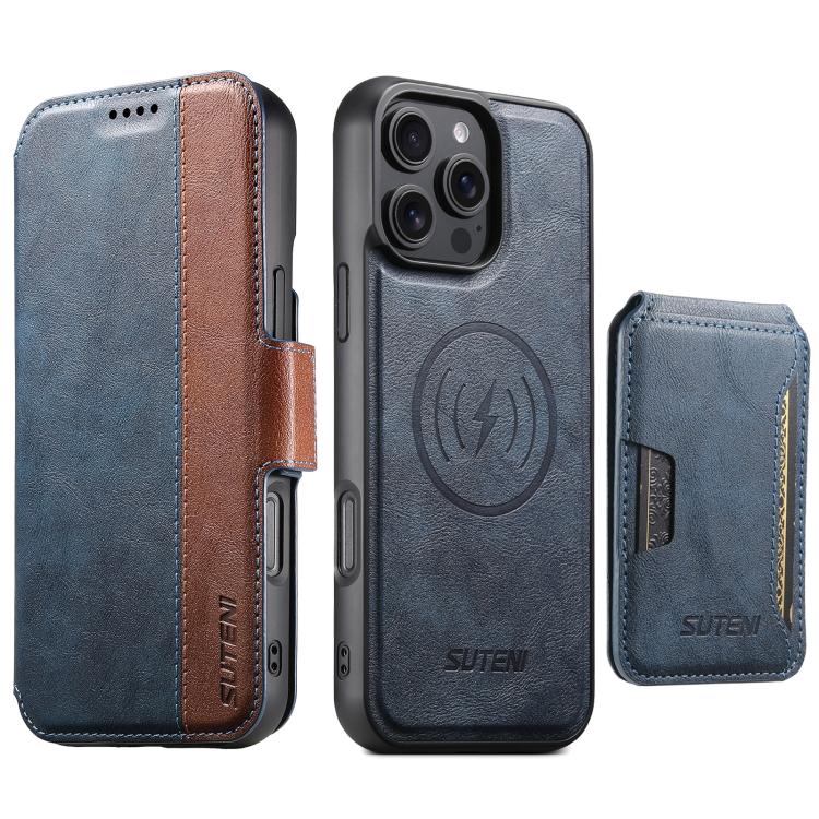 Suteni Q07S3 Portafoglio con apertura a libro con motivo a pelle di vacchetta e custodia magnetica rimovibile per telefono., For iPhone 16 Pro, For iPhone 16 Plus, For iPhone 16, For iPhone 15 Pro Max, For iPhone 15 Pro, For iPhone 15 Plus, For iPhone ...