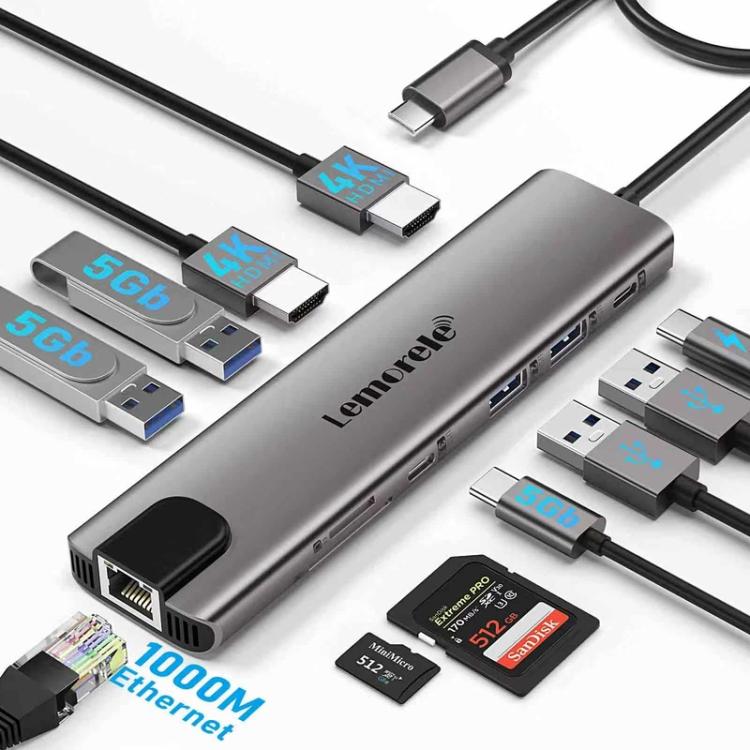 Hub multiporta Lemorele TC65L Type-C, Gigabit Ethernet, HDMI 4K, dock di ricarica PD.
