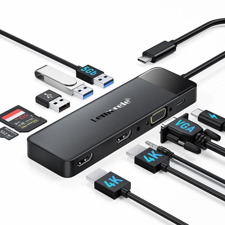 Lemorele TC94 Hub 10 in 1 con doppia porta HDMI e VGA, docking station multiporta PD100W