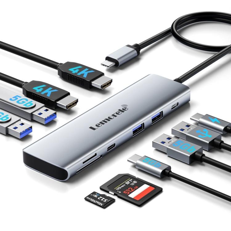 Docking station Lemorele TC91 Type-C con triplo display, Ethernet e alimentatore per laptop da 100 W PD.