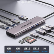 Docking station Lemorele TC91 Type-C con triplo display, Ethernet e alimentatore per laptop da 100 W PD.
