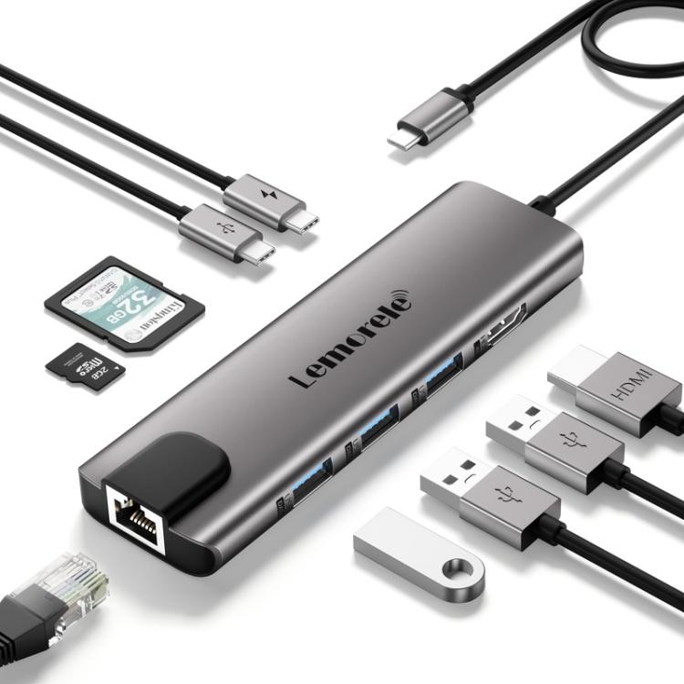 Docking station Lemorele TC39 9 in 1 con HDMI, Ethernet, PD da 100 W e connettore per laptop.