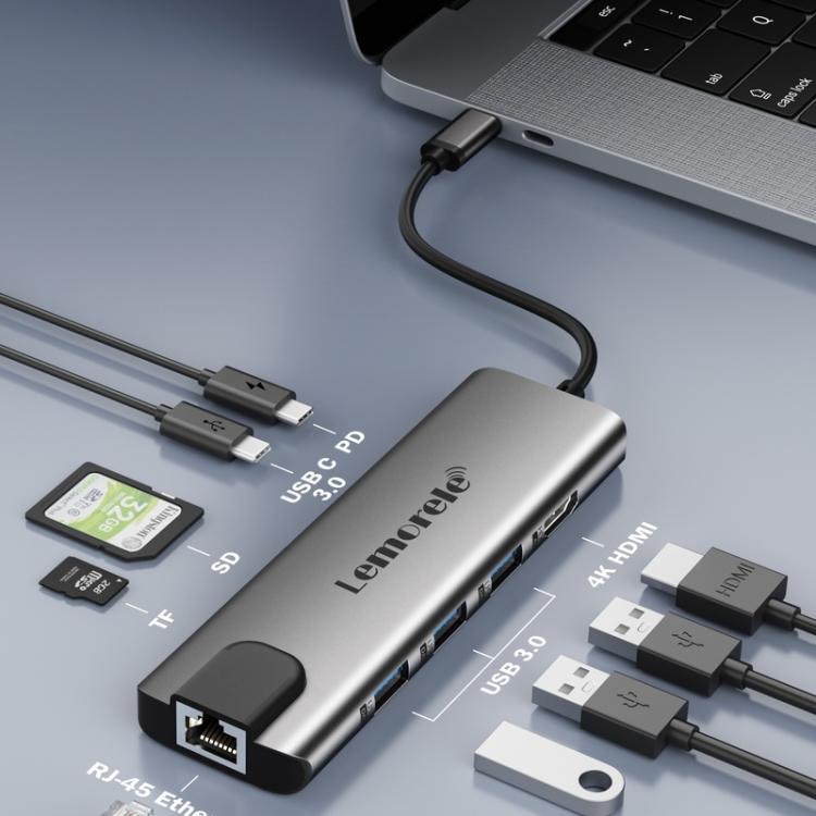 Docking station Lemorele TC39 9 in 1 con HDMI, Ethernet, PD da 100 W e connettore per laptop.