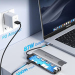 Docking station Lemorele TC39 9 in 1 con HDMI, Ethernet, PD da 100 W e connettore per laptop.