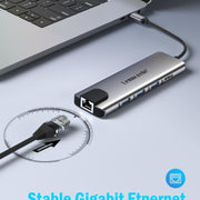 Docking station Lemorele TC39 9 in 1 con HDMI, Ethernet, PD da 100 W e connettore per laptop.