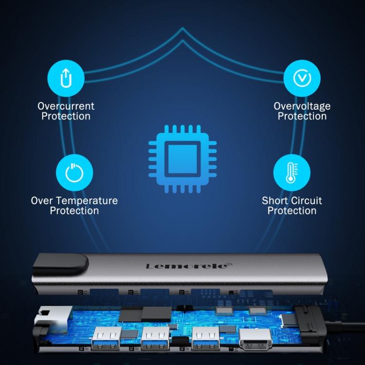 Docking station Lemorele TC39 9 in 1 con HDMI, Ethernet, PD da 100 W e connettore per laptop.