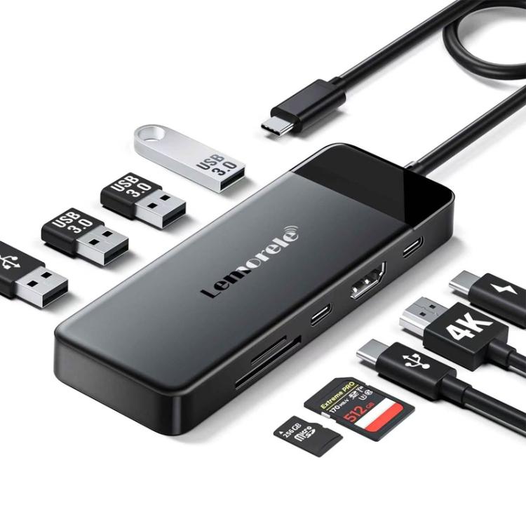 Docking station Lemorele TC92 9 in 1 con display 4K, Ethernet, alimentatore PD da 100 W e connettore portatile.