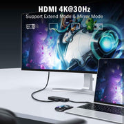 Docking station Lemorele TC92 9 in 1 con display 4K, Ethernet, alimentatore PD da 100 W e connettore portatile.