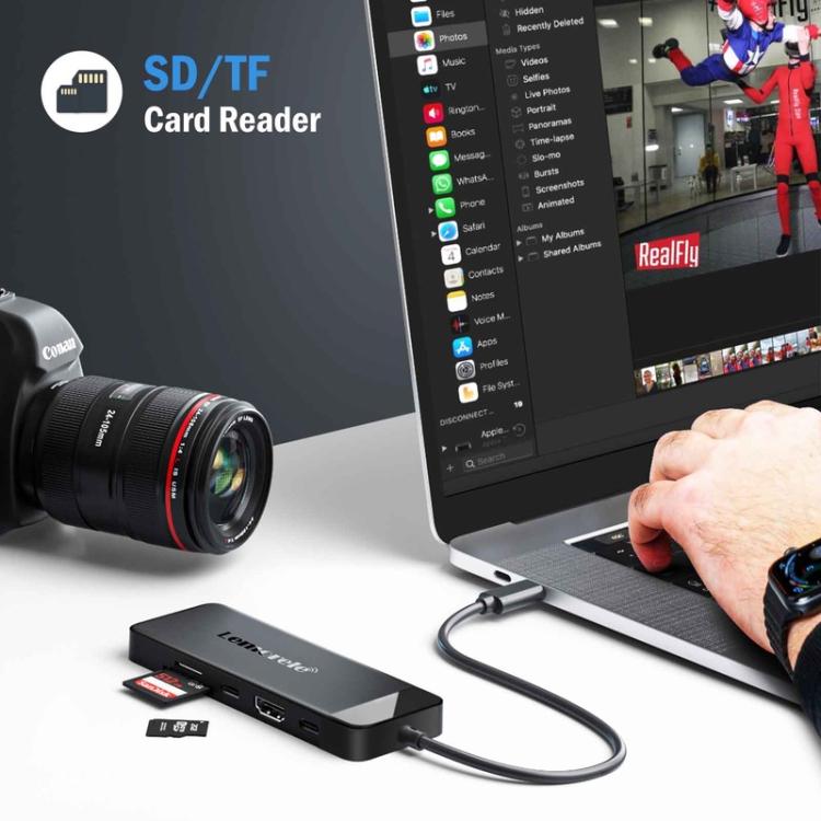 Docking station Lemorele TC92 9 in 1 con display 4K, Ethernet, alimentatore PD da 100 W e connettore portatile.