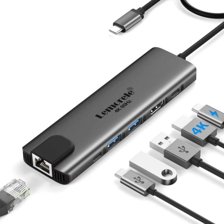 Docking station Lemorele TC44L 6 in 1 con uscita video 4K, doppia scheda, alimentazione PD da 100 W e connettore portatile.