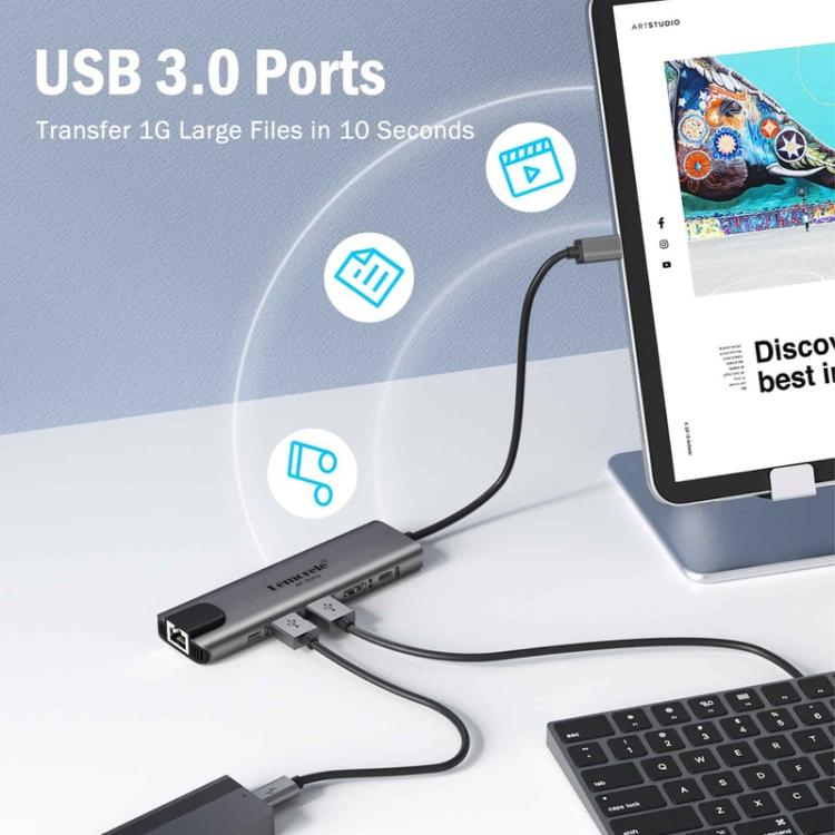 Docking station Lemorele TC44L 6 in 1 con uscita video 4K, doppia scheda, alimentazione PD da 100 W e connettore portatile.