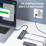 Docking station Lemorele TC44L 6 in 1 con uscita video 4K, doppia scheda, alimentazione PD da 100 W e connettore portatile.