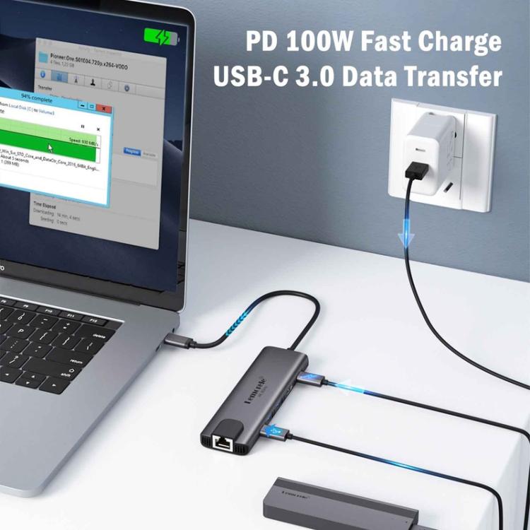 Docking station Lemorele TC44L 6 in 1 con uscita video 4K, doppia scheda, alimentazione PD da 100 W e connettore portatile.