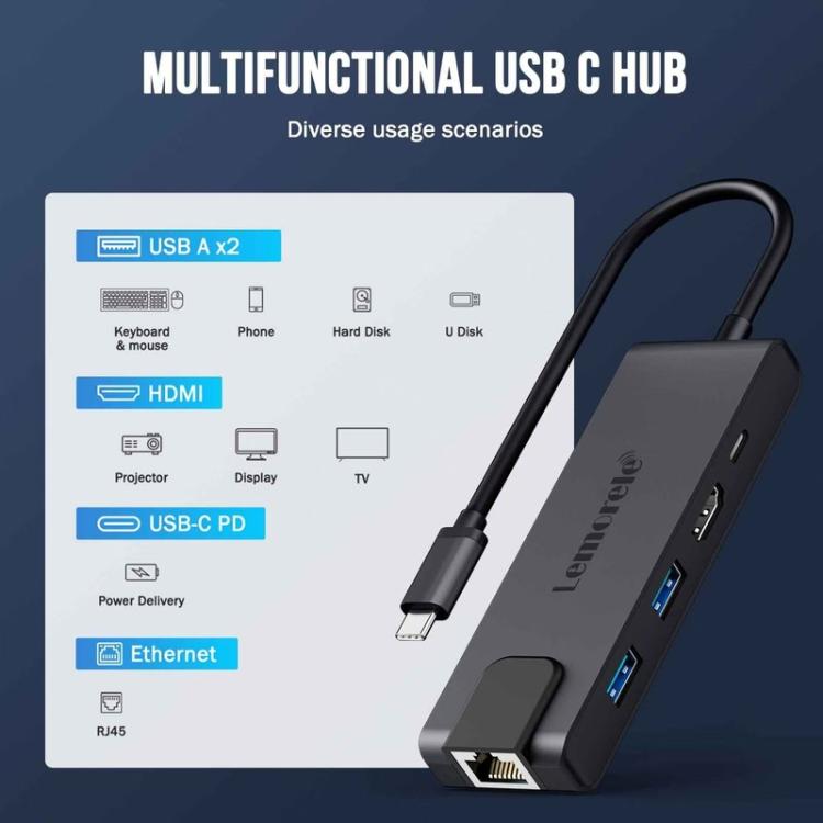 Docking station Lemorele TC24L 5 in 1, display Ultra HD 4K, trasferimento rapido, adattatore PD da 100 W.