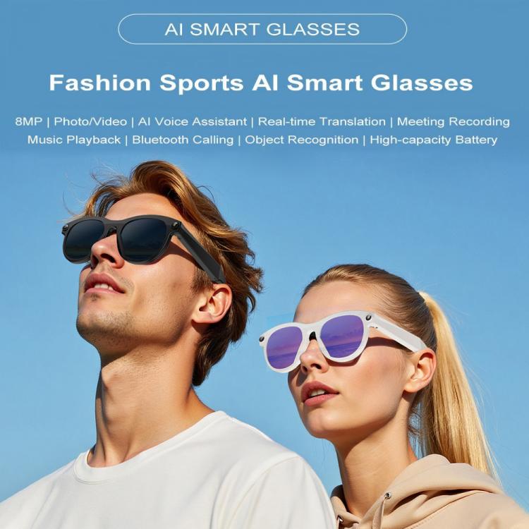 Occhiali intelligenti M88-S da 8 MP con intelligenza artificiale, supporto per chiamate Bluetooth, assistente vocale AI e controllo della musica.