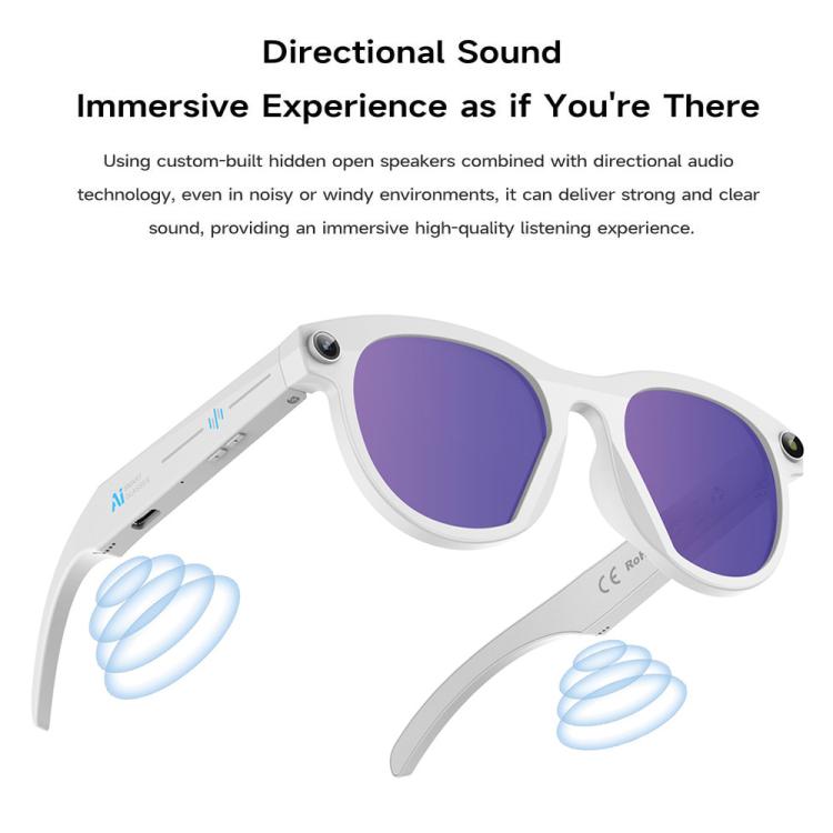 Occhiali intelligenti M88-S da 8 MP con intelligenza artificiale, supporto per chiamate Bluetooth, assistente vocale AI e controllo della musica.
