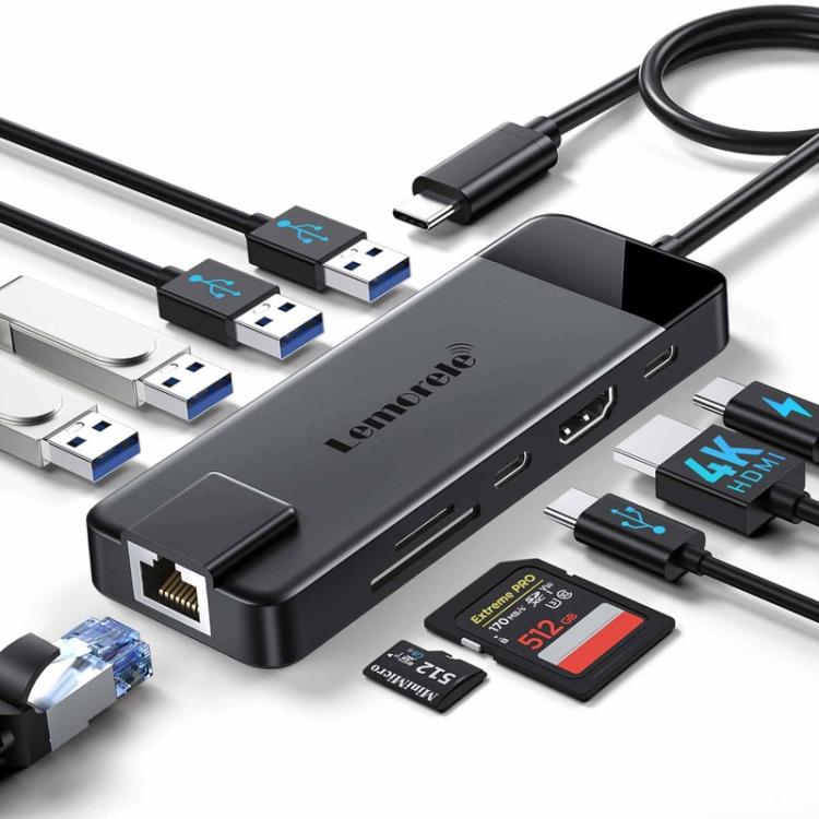 Docking station Lemorele TC93 10 in 1 con porta Type-C, adattatore di ricarica Gigabit PD compatibile con HDMI e HDMI.