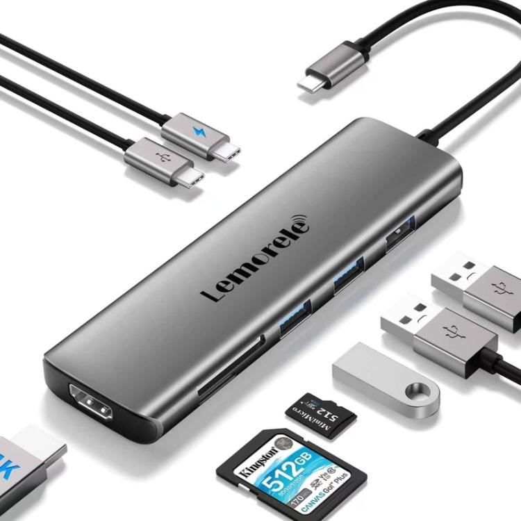 Docking station Lemorele TC38L 8 in 1 con porta Type-C, adattatore di ricarica Gigabit PD compatibile con HDMI e HDMI.