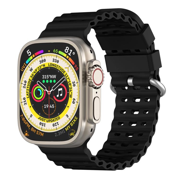 Cinturino per orologio in silicone traspirante con fibbia argentata traforata Ocean., For Apple Watch 46mm / 49mm / 45mm / 44mm