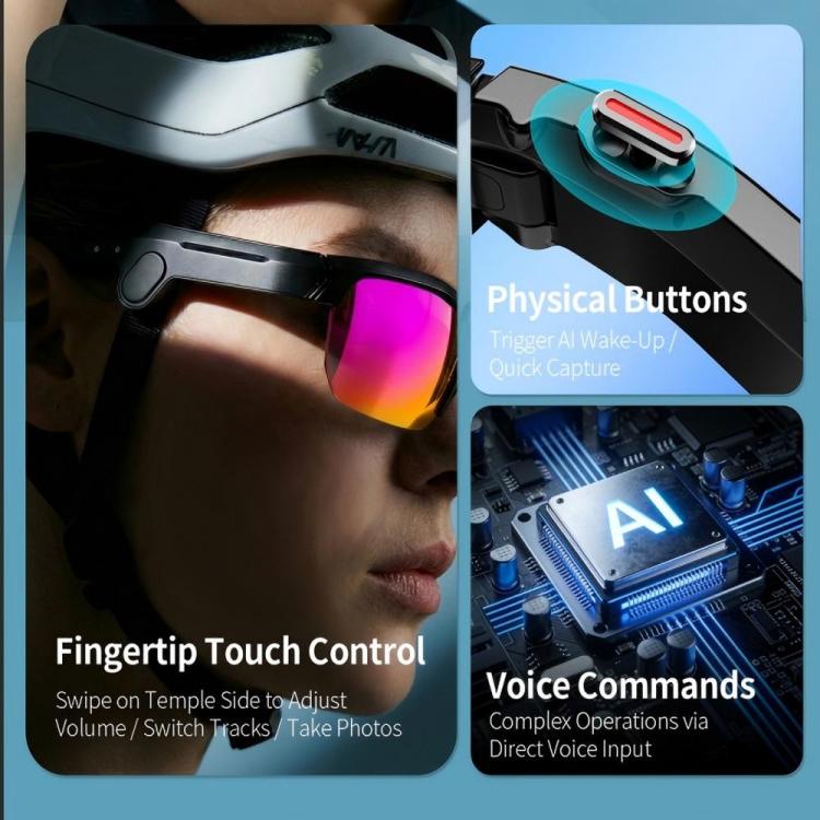 Occhiali sportivi intelligenti S100 da 13 MP con intelligenza artificiale, supporto per chiamate Bluetooth, registrazione AI e controllo della musica.