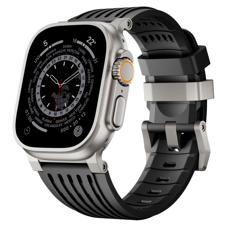 Cinturino per orologio in silicone traspirante con fibbia ad ardiglione in acciaio inossidabile a doppio anello., For Apple Watch 46mm / 49mm / 45mm / 44mm