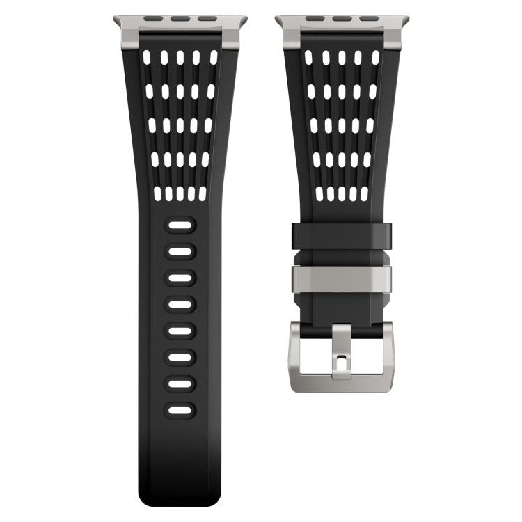 Cinturino per orologio in silicone traspirante con fibbia ad ardiglione in acciaio inossidabile a doppio anello., For Apple Watch 46mm / 49mm / 45mm / 44mm