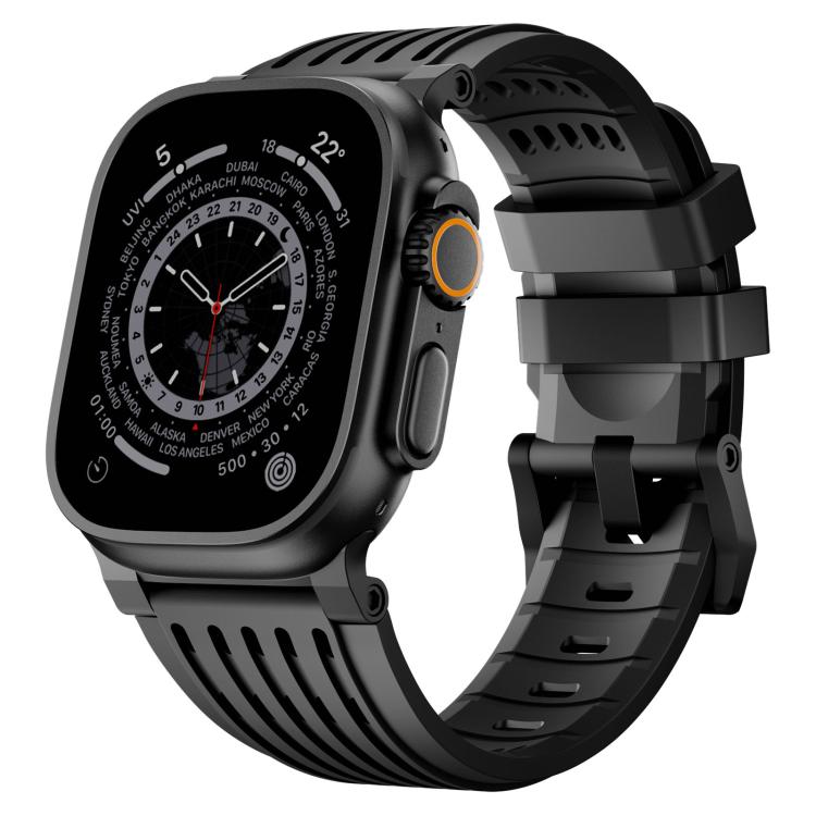 Cinturino per orologio in silicone traspirante con fibbia ad ardiglione in acciaio inossidabile a doppio anello., For Apple Watch 46mm / 49mm / 45mm / 44mm