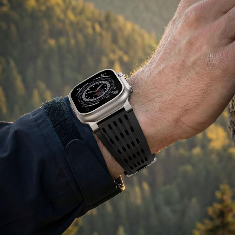 Cinturino per orologio in silicone traspirante con fibbia ad ardiglione in acciaio inossidabile a doppio anello., For Apple Watch 46mm / 49mm / 45mm / 44mm